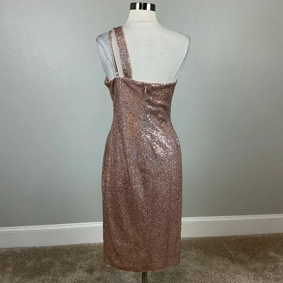 AQUA Women's Cocktail Dress Size 6 Gold Sequin One Shoulder Cut Out Midi Sheath